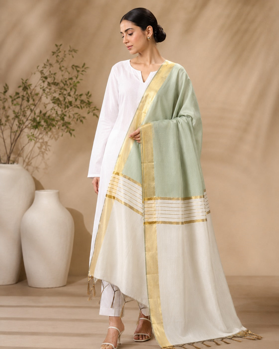 BM-DUP-017 Sage Green Silk Border Dupatta