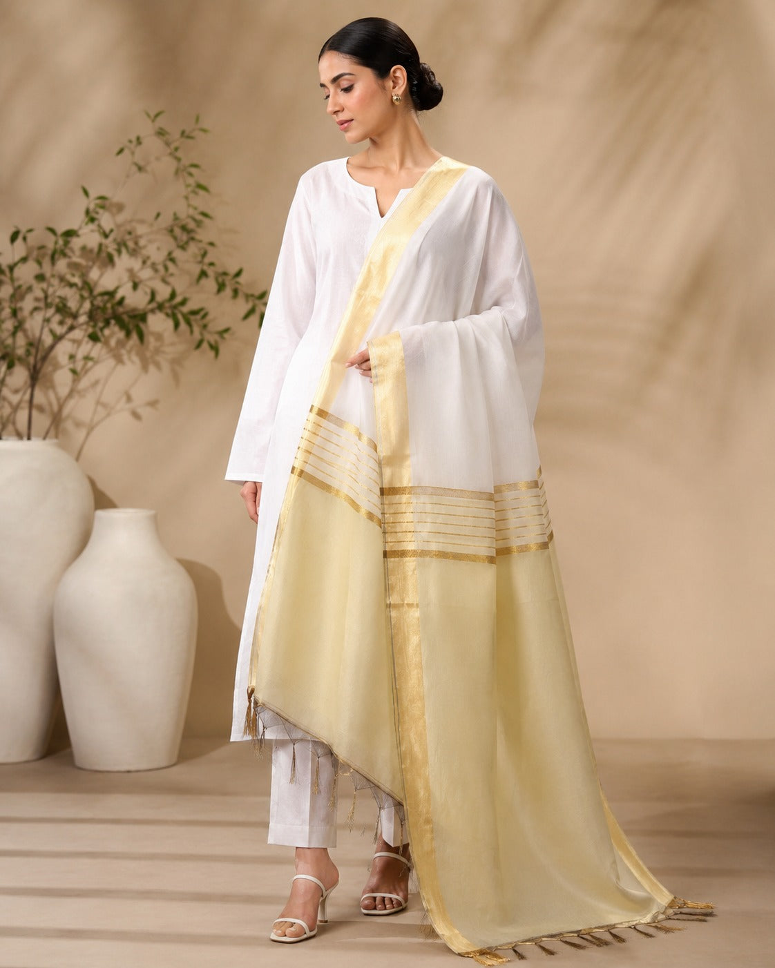 BM-DUP-018 Ivory Silk Border Dupatta