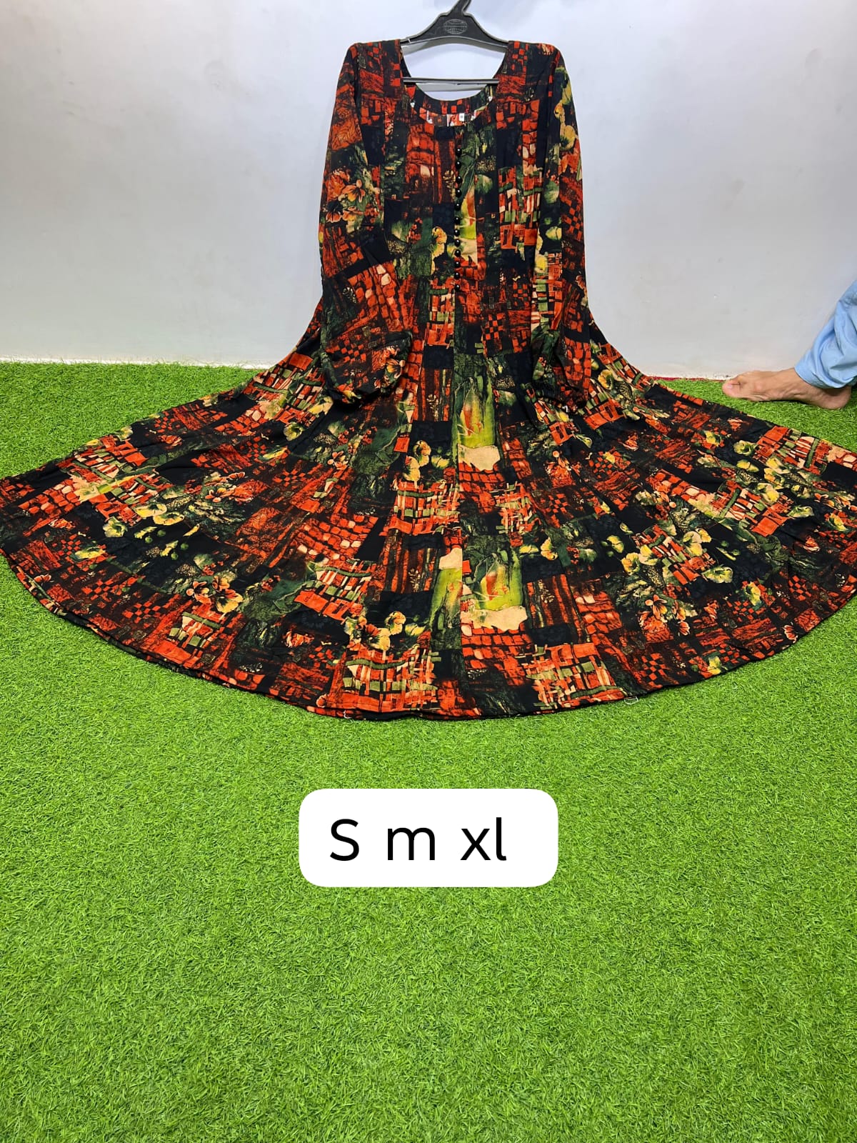 GM-01 Georgette Black Rust Olive Round Neck Black Button Front Abstract Brick Floral Print Maxi Dress