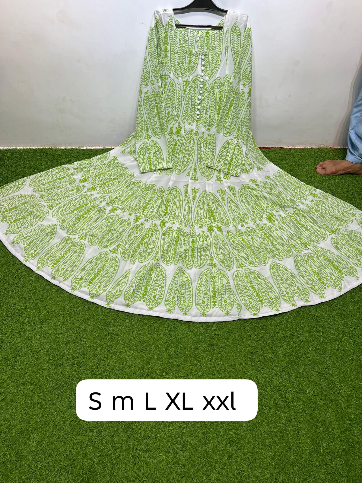 Linen Ivory Pistachio Green Round Neck White Button Front Paisley Leaf Block Print Maxi Dress
