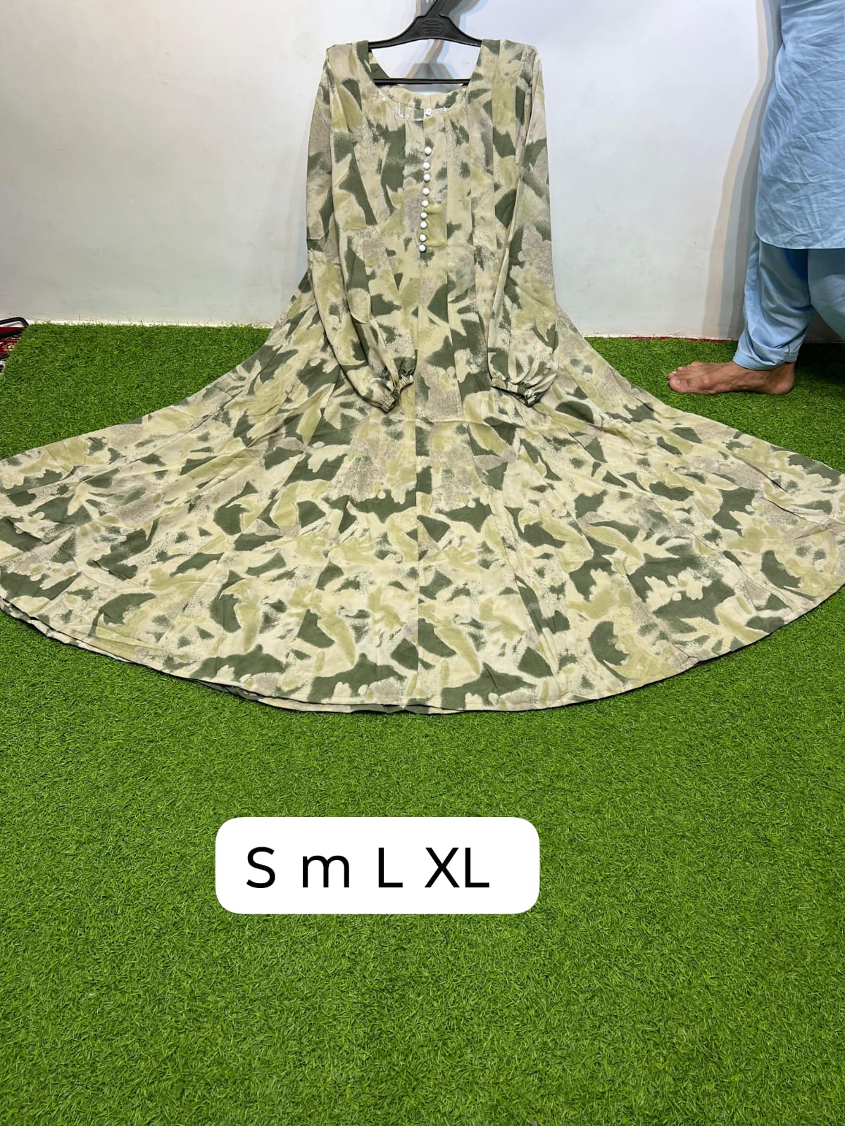 Linen Sage Olive Beige Round Neck Pearl Button Front Abstract Leaf Print Maxi Dress