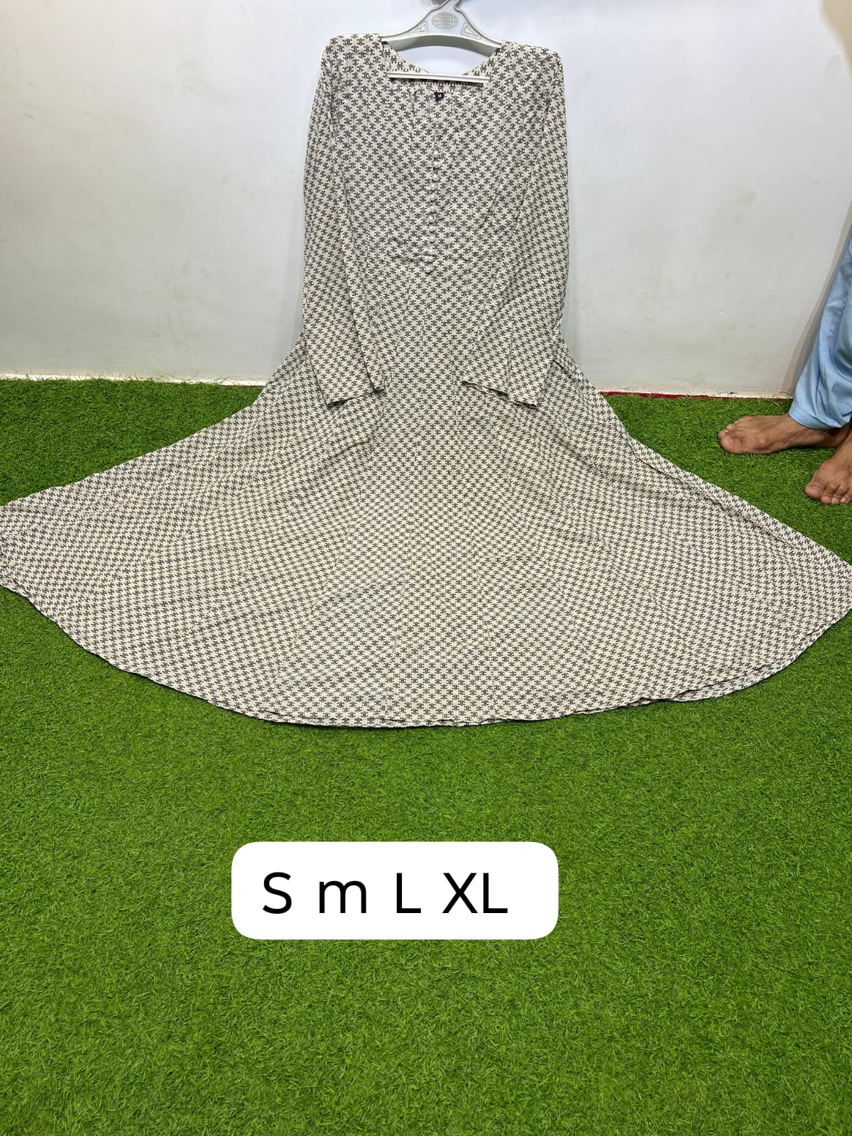 Linen Ivory Charcoal Round Neck Button Front Mini Geometric Buti Print Maxi Dress