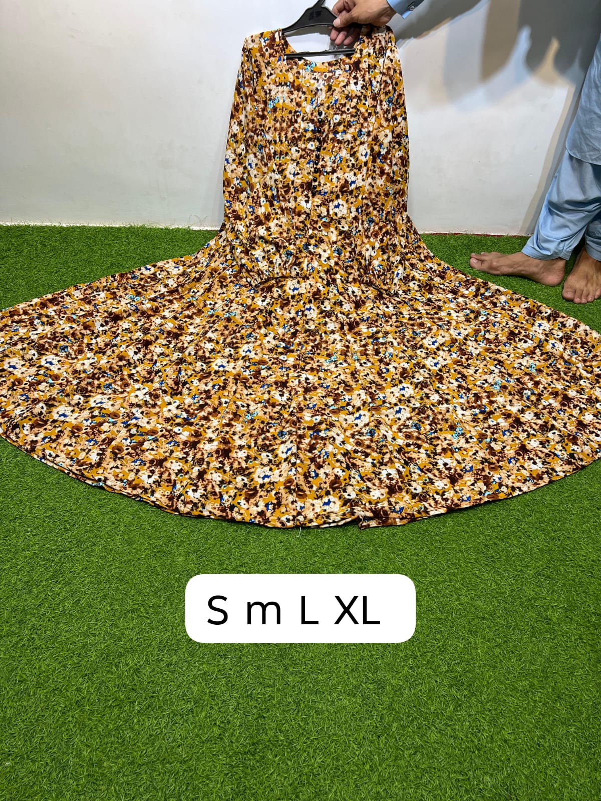 Georgette Mustard Brown Cream Round Neck Black Button Front Vintage Floral Splash Print Maxi Dress