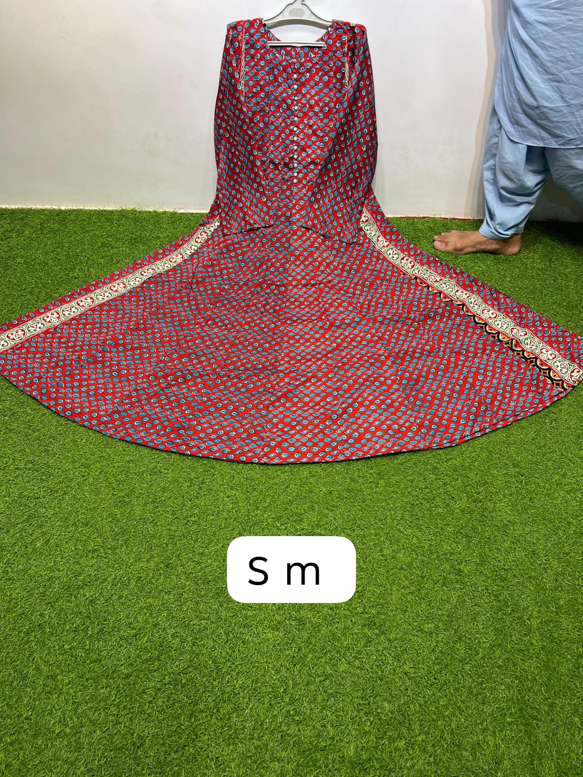 Georgette Red Blue Round Neck Button Front Ethnic Border Geometric Print Maxi Dress