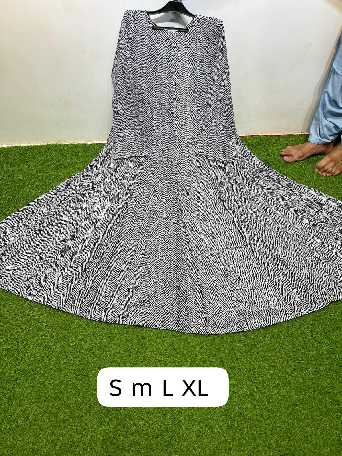 Linen Black White Round Neck Button Front Herringbone Stripe Print Maxi Dress