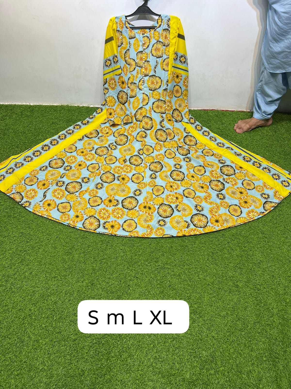 Georgette Sky Blue Yellow Round Neck Button Front Sunflower Floral Border Print Maxi Dress