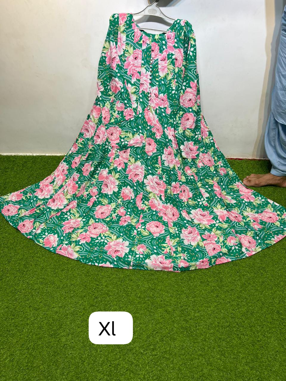 Georgette Emerald Green Pink Round Neck Button Front Rose Floral Print Maxi Dress