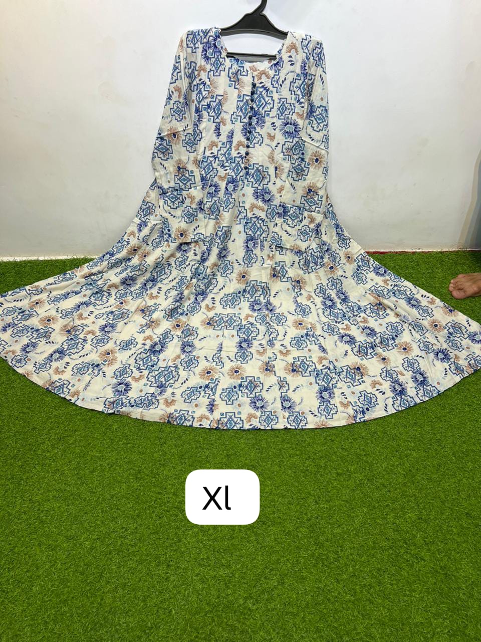 Linen Ivory Blue Round Neck Button Front Geometric Floral Print Maxi Dress