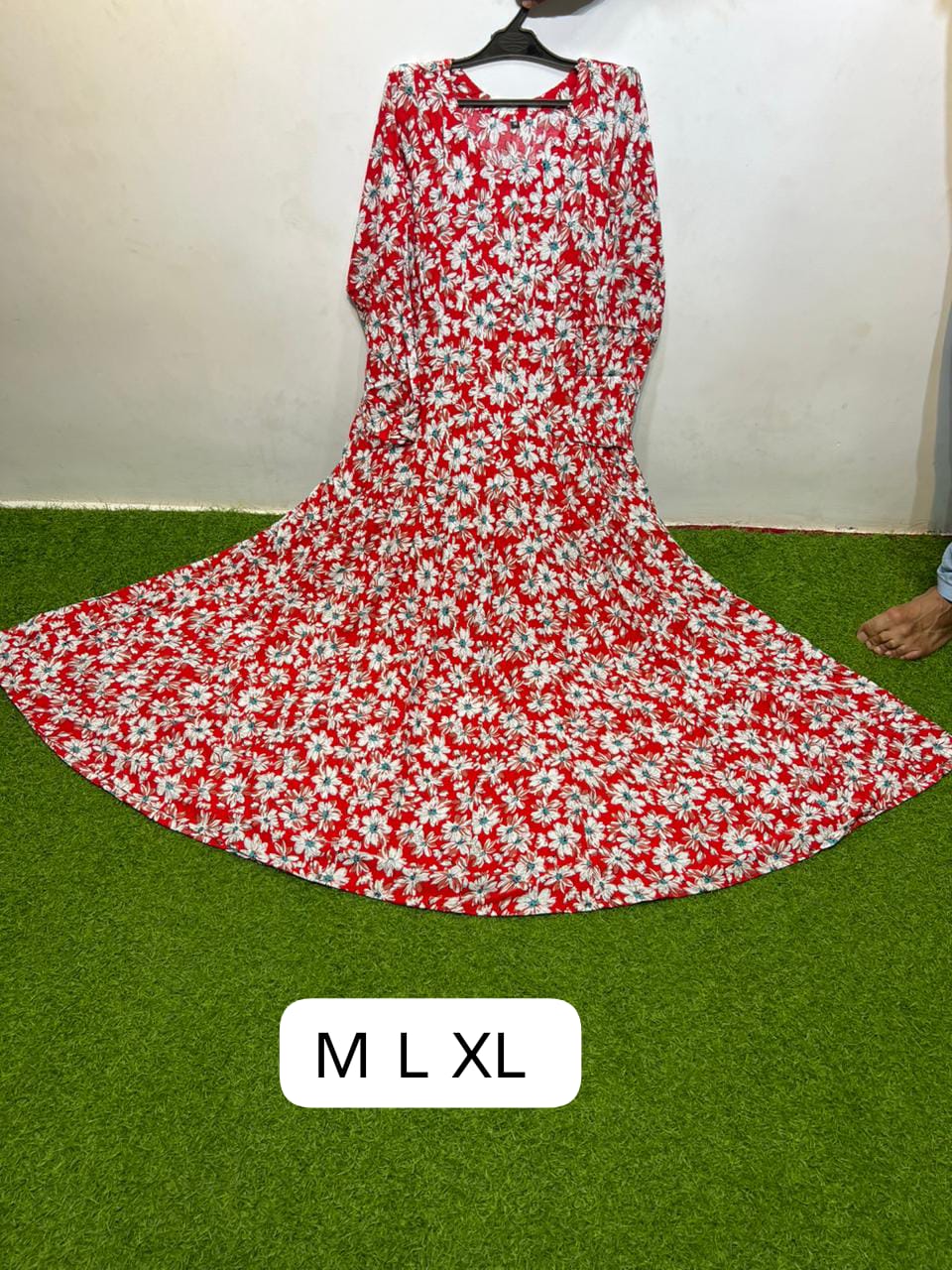 Georgette Red White Round Neck Button Front Daisy Floral Print Maxi Dress