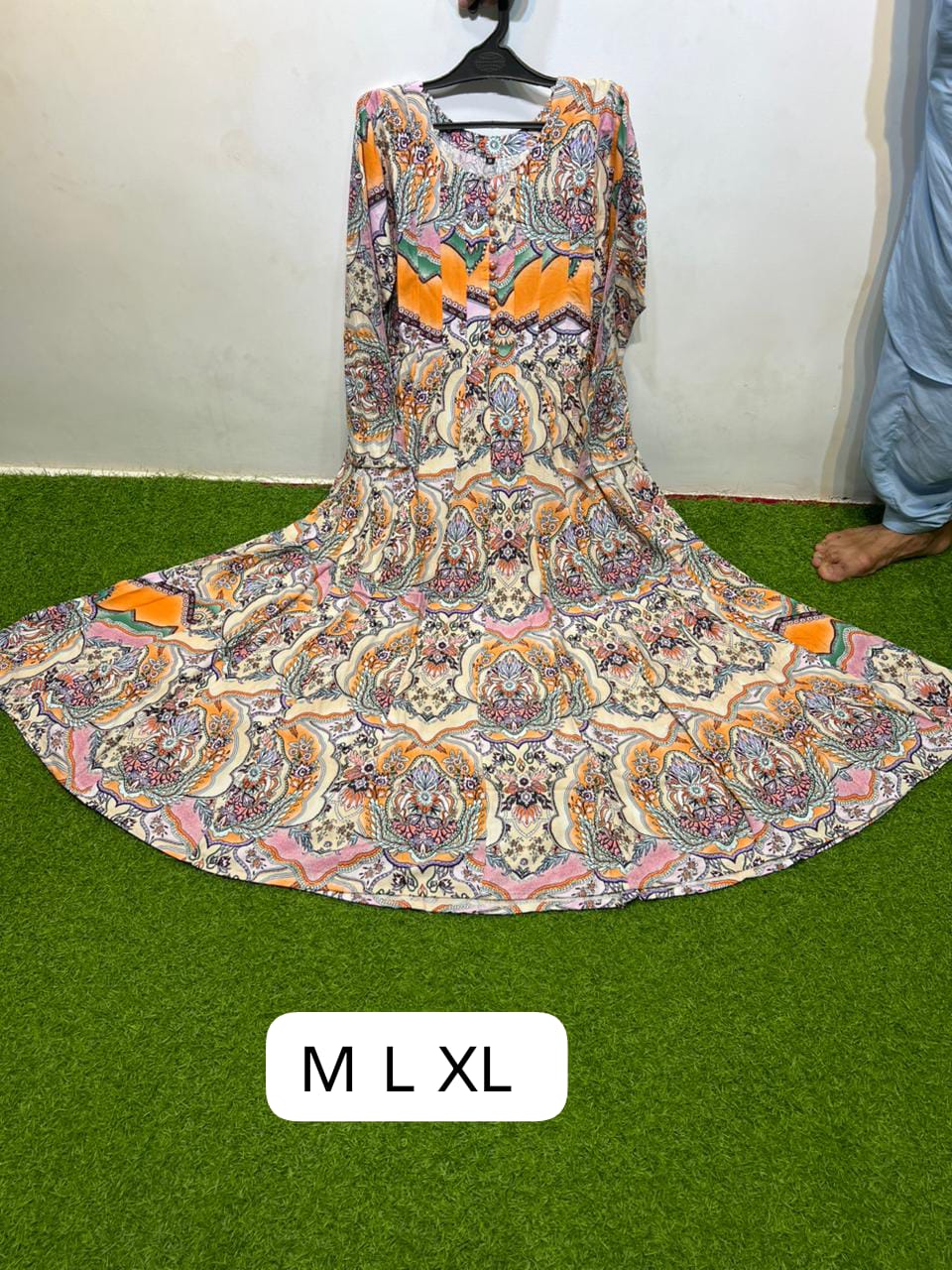 Georgette Cream Orange Pink Round Neck Button Front Paisley Medallion Print Maxi Dress