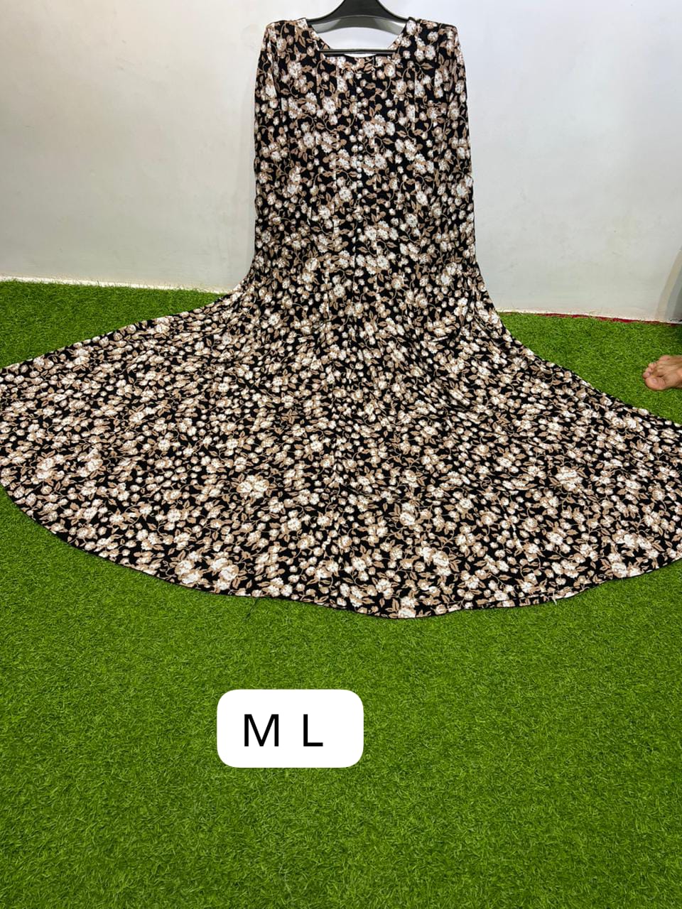 Georgette Black Beige Round Neck Button Front Vintage Floral Print Maxi Dress
