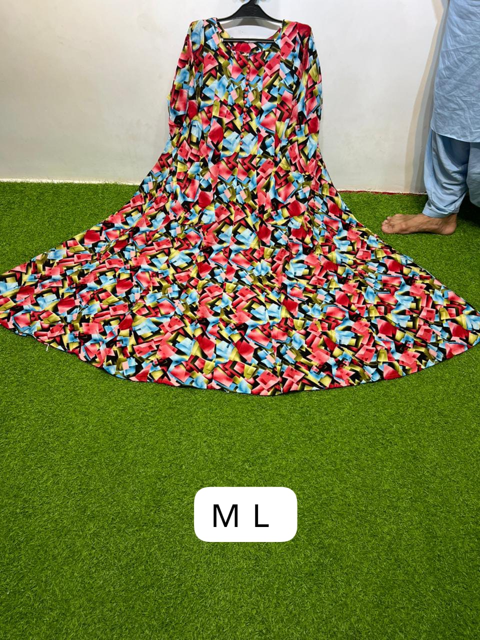 Georgette Multicolor V Neck Button Front Abstract Mosaic Print Maxi Dress