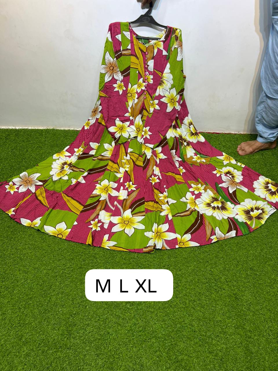 Georgette Magenta Green Round Neck Button Front Tropical Floral Print Maxi Dress