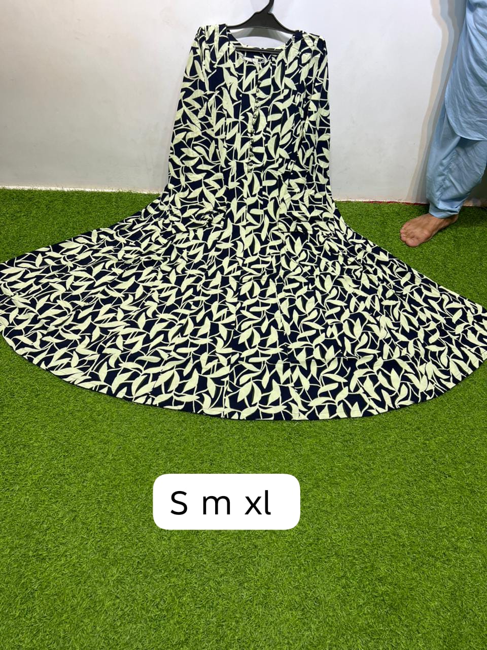 Linen Navy Ivory Round Neck Button Front Leaf Print Maxi Dress