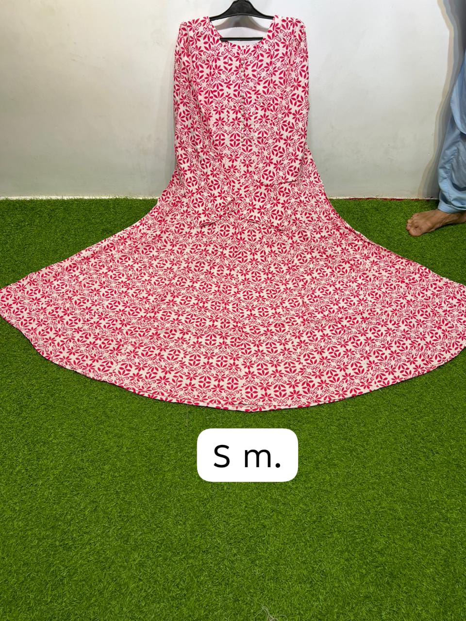 Linen Ivory Pink Round Neck Button Front Red Floral Buti Print Maxi Dress