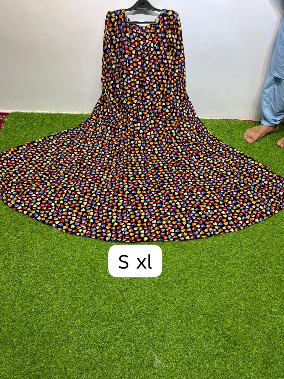 Georgette Black Multicolor Round Neck Button Front Petal Confetti Print Maxi Dress