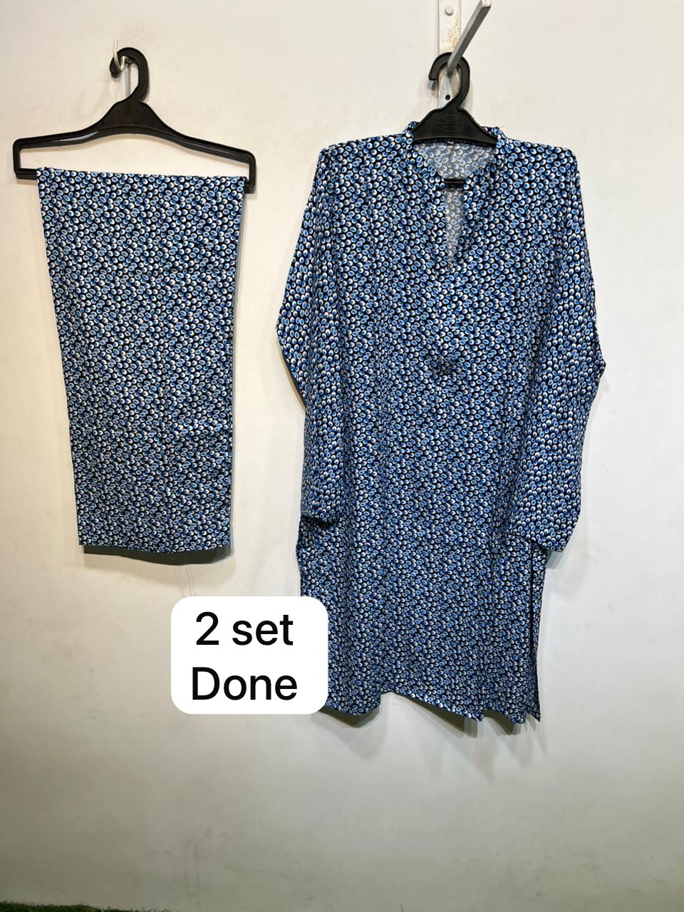 PC-03 Printed Linen Navy Blue Matching Navy Blue Neck Band Collar Button Placket Micro Circle Print 2PC Co-Ord Set