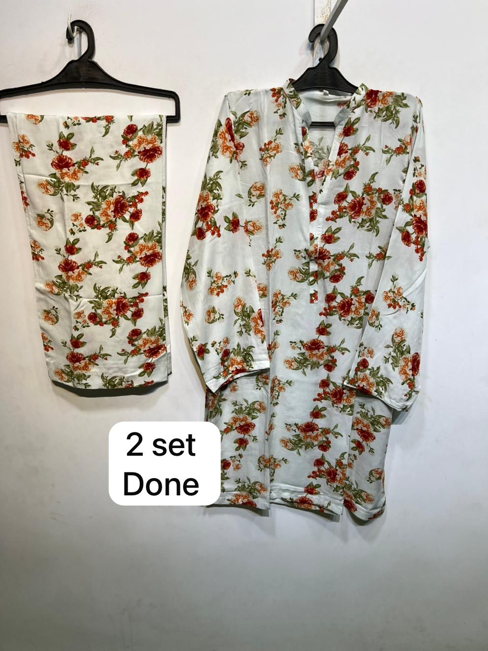 PC-02 Printed Linen White Matching White Floral Neck Band Collar Button Placket Rust Rose Floral Print 2PC Co-Ord Set