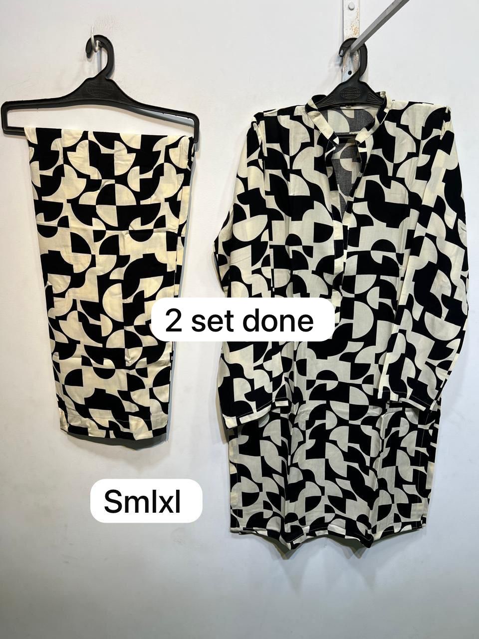 PC-09 Printed Linen Cream Black Matching Cream Black Neck Band Collar Button Placket Abstract Block Print 2PC Co-Ord Set