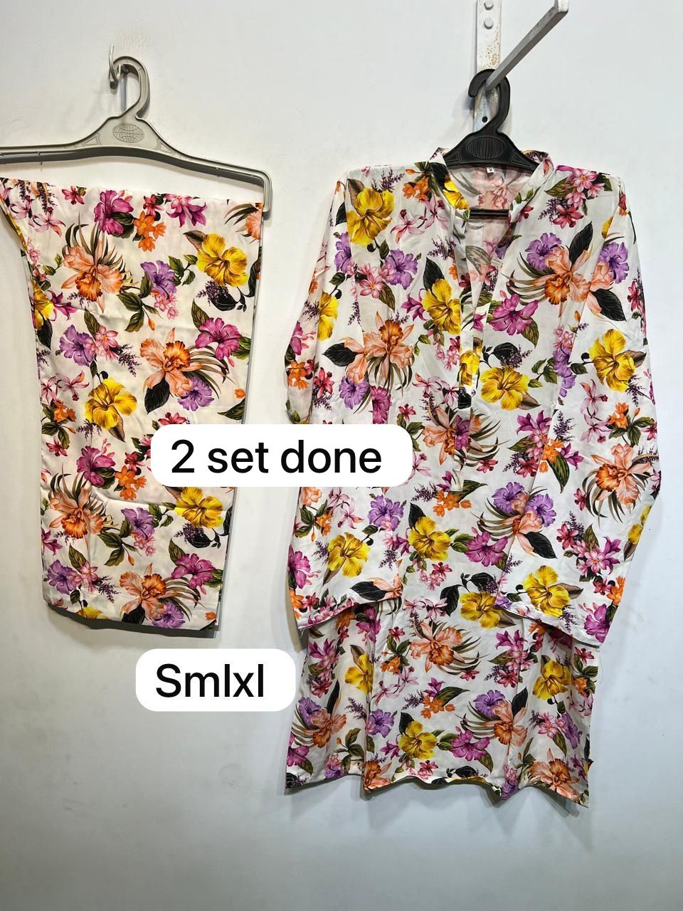 PC-07 Printed Linen White Multi Matching White Multi Neck Band Collar Button Placket Tropical Floral Print 2PC Co-Ord Set