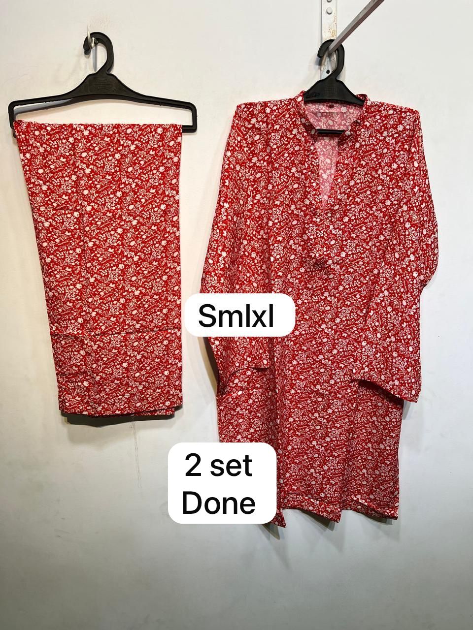 PC-08 Printed Linen Red White Matching Red White Neck Band Collar Button Placket Ditsy Floral Print 2PC Co-Ord Set