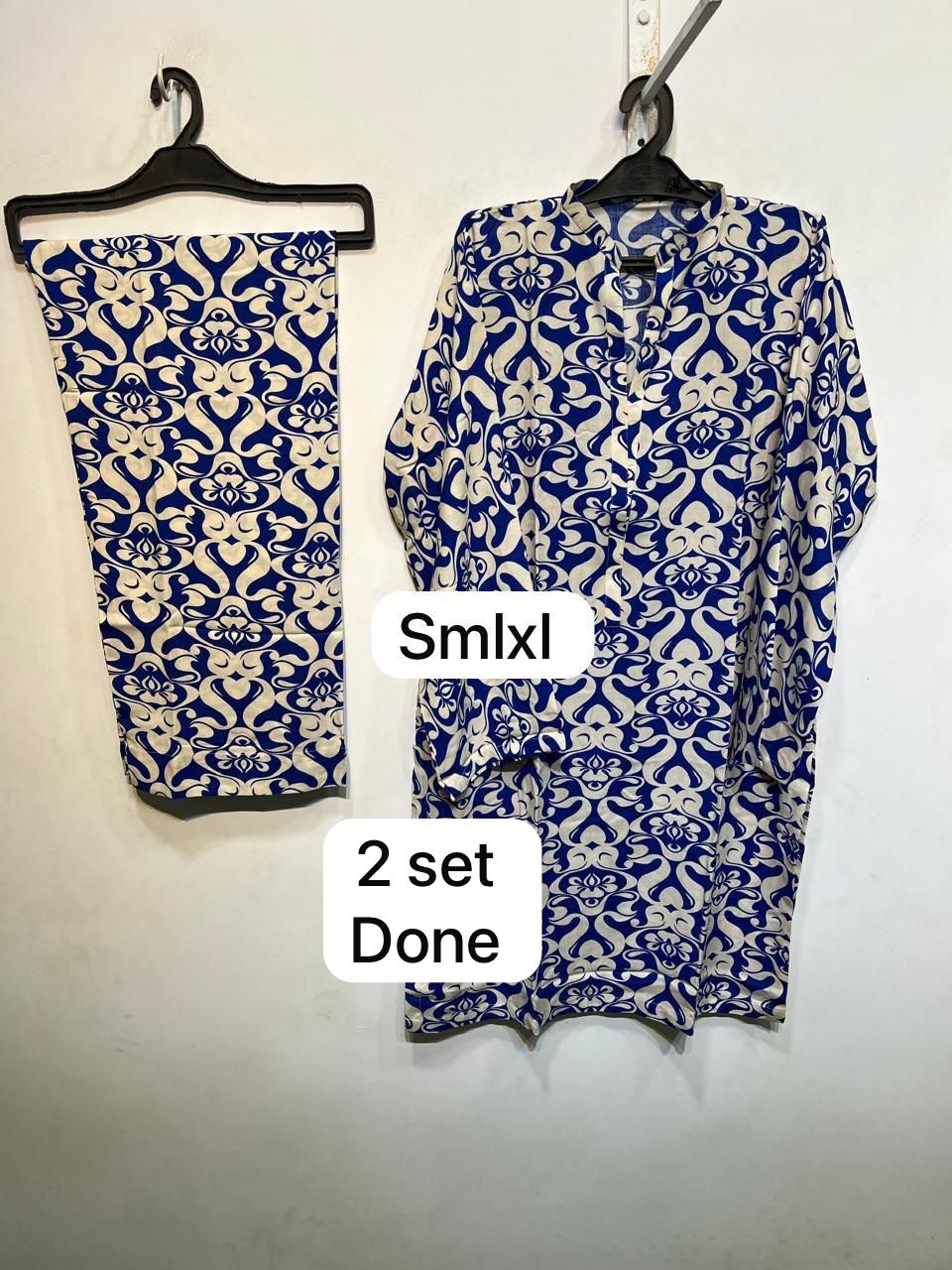 PC-10 Printed Linen Royal Blue Cream Matching Royal Blue Cream Neck Band Collar Button Placket Damask Print 2PC Co-Ord Set