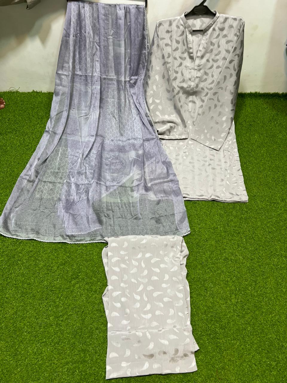 BM-SLK-3PC-003 Light Grey Silk 3 Piece Suit with Silver Printed Dupatta