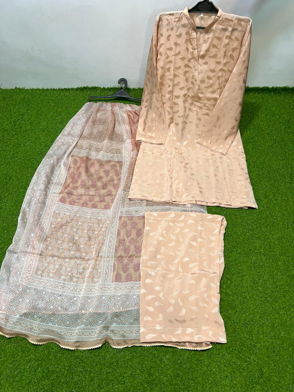 BM-SLK-3PC-002 Peach Beige Silk 3 Piece Suit with Pastel Printed Dupatta