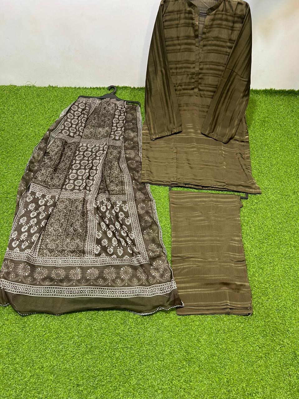 BM-SLK-3PC-006 Olive Green Silk 3 Piece Suit with Olive Printed Dupatta