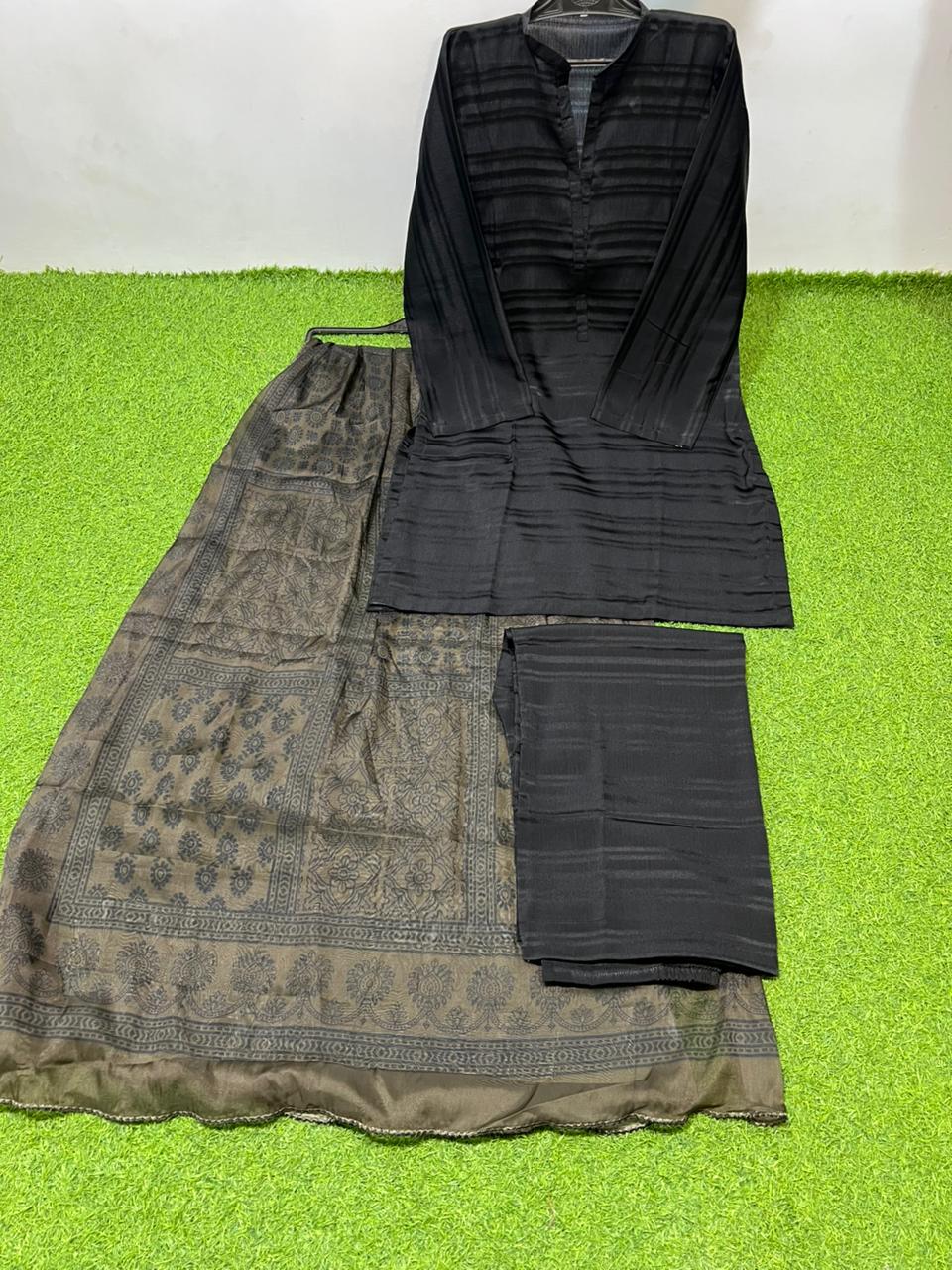 BM-SLK-3PC-004 Black Silk 3 Piece Suit with Khaki Printed Dupatta