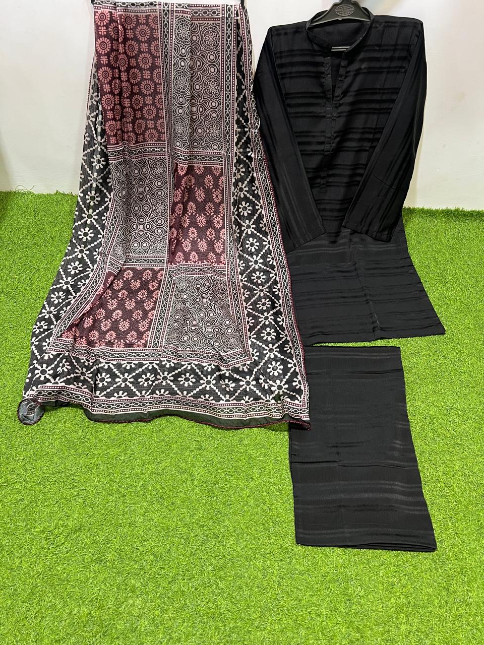 BM-SLK-3PC-005 Black Silk 3 Piece Suit with Rose Printed Dupatta