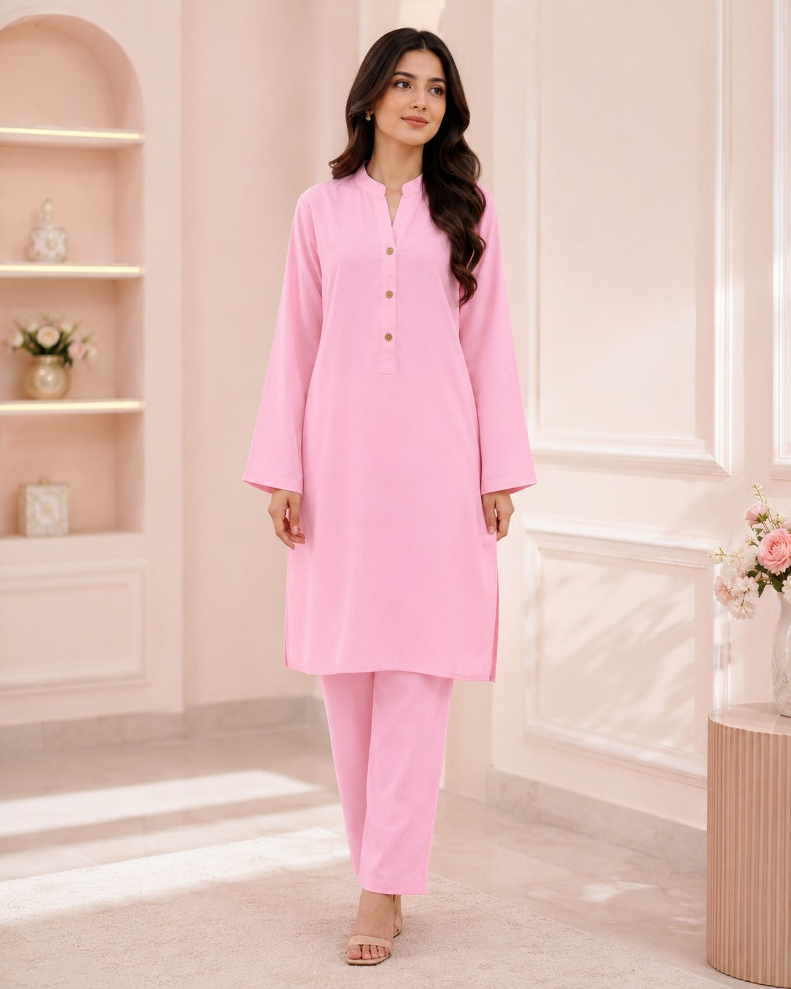 LC-03 Linen Blush Pink Matching Blush Pink Neck Band Collar Button Placket Solid Minimal 2PC Co-Ord Set