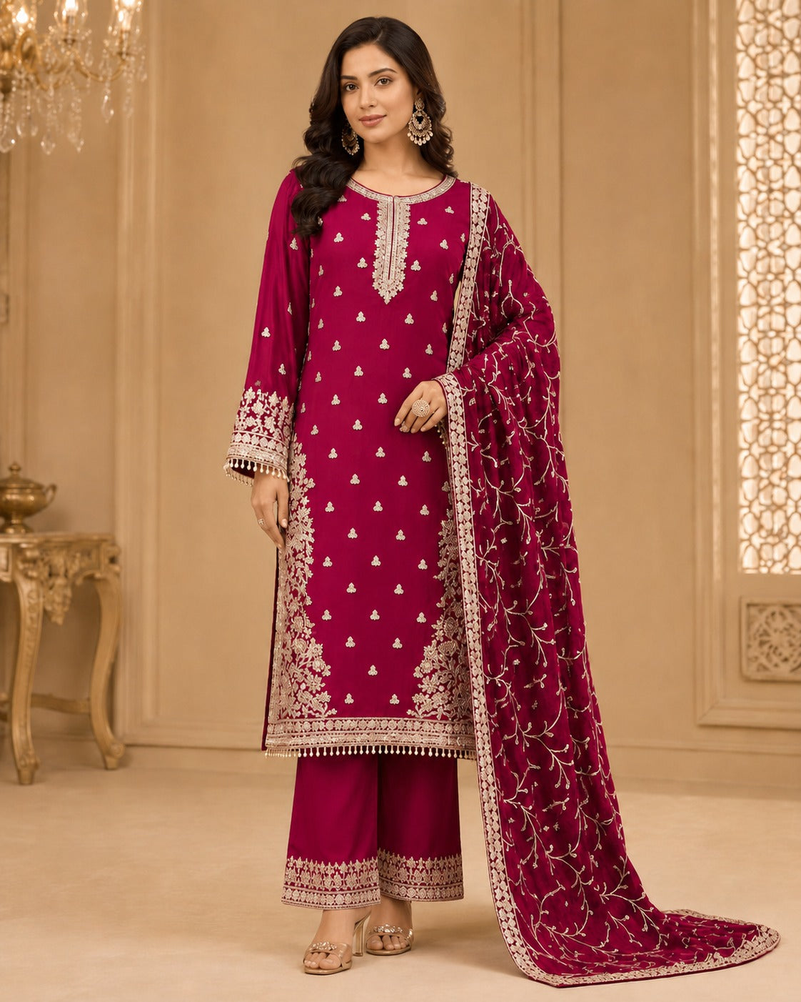BM-CH-022 - Floral Vine Embroidered Chiffon 3 Piece Suit