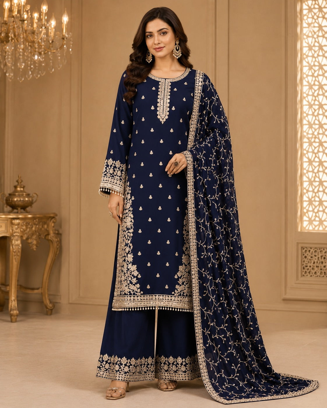 BM-CH-022 - Floral Vine Embroidered Chiffon 3 Piece Suit