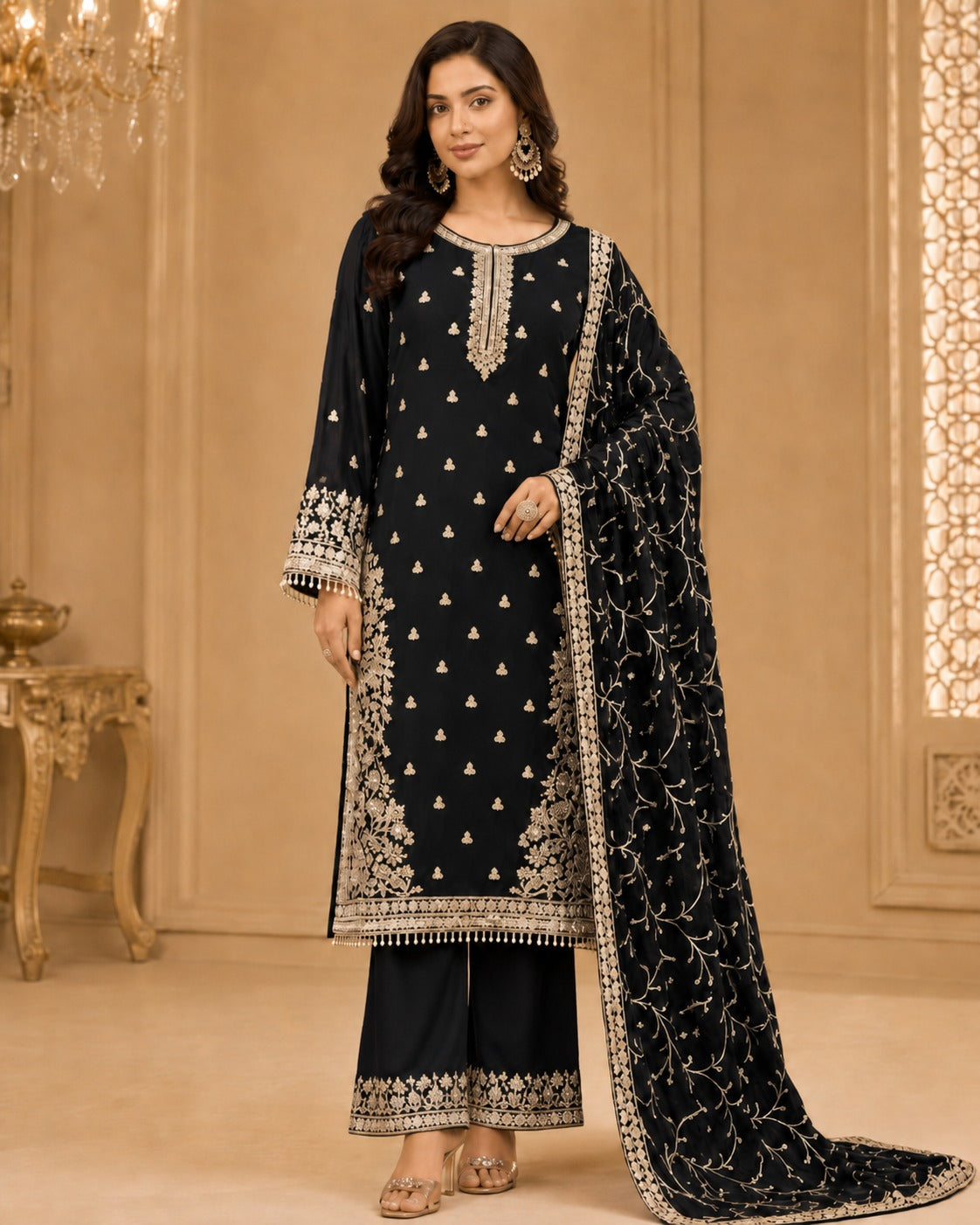 BM-CH-022 - Floral Vine Embroidered Chiffon 3 Piece Suit