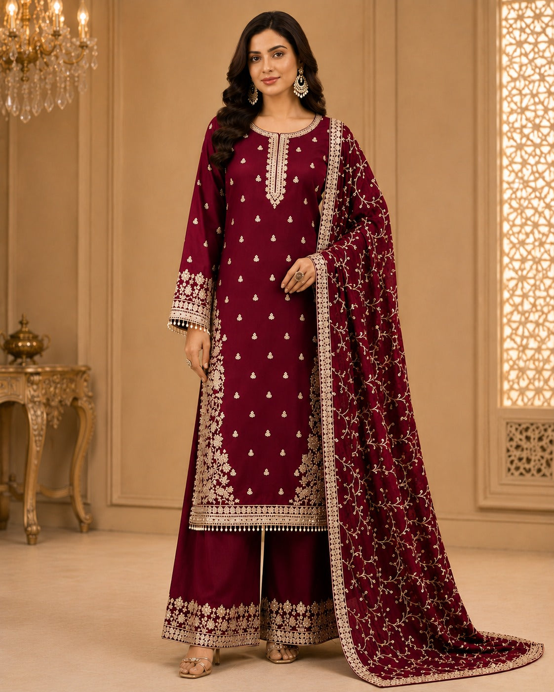 BM-CH-022 - Floral Vine Embroidered Chiffon 3 Piece Suit