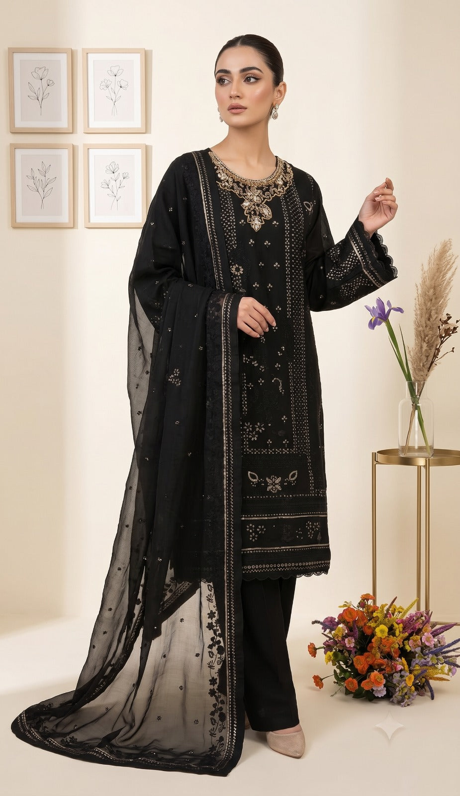 BM-CH-034 - Luxury Embroidered Chiffon 3 Piece Party Wear Suit