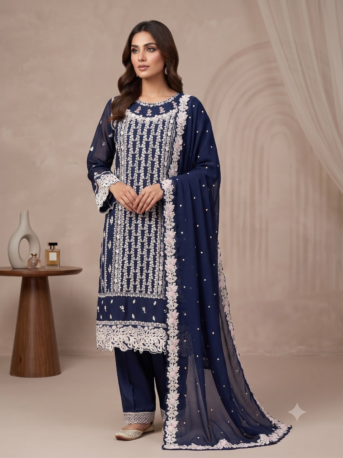 BM-CH-036 - Navy Blue Floral Lace Embroidered Chiffon 3 Piece Suit