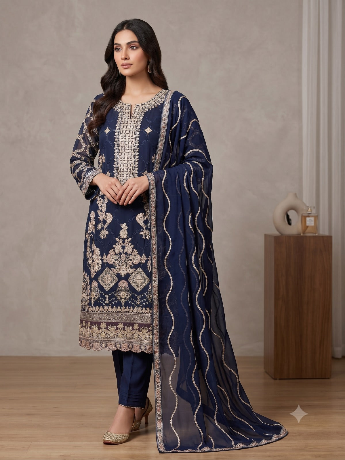 BM-CH-035 - Navy Blue Antique Gold Embroidered Chiffon 3 Piece Suit