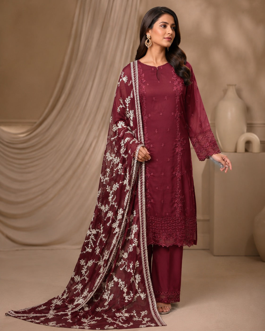 BM-CH-001 - Chiffon Party Wear Machine Embroidered & Handwork Embellished 3 Piece Suit