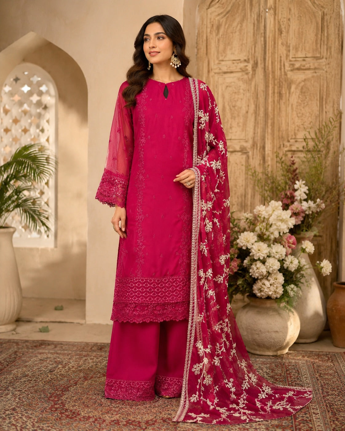 BM-CH-001 - Chiffon Party Wear Machine Embroidered & Handwork Embellished 3 Piece Suit