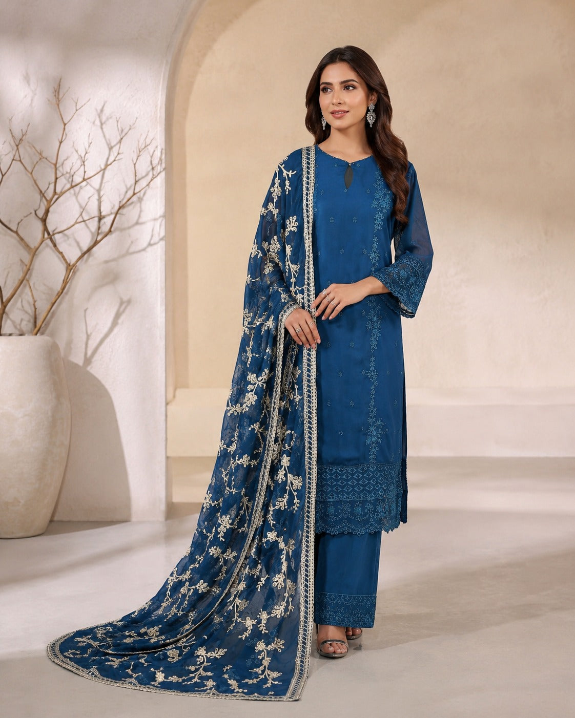 BM-CH-001 - Chiffon Party Wear Machine Embroidered & Handwork Embellished 3 Piece Suit