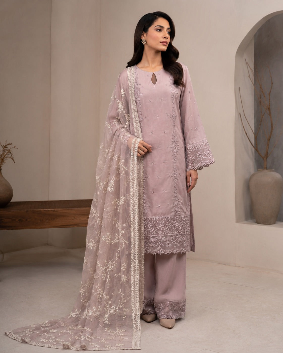 BM-CH-001 - Chiffon Party Wear Machine Embroidered & Handwork Embellished 3 Piece Suit