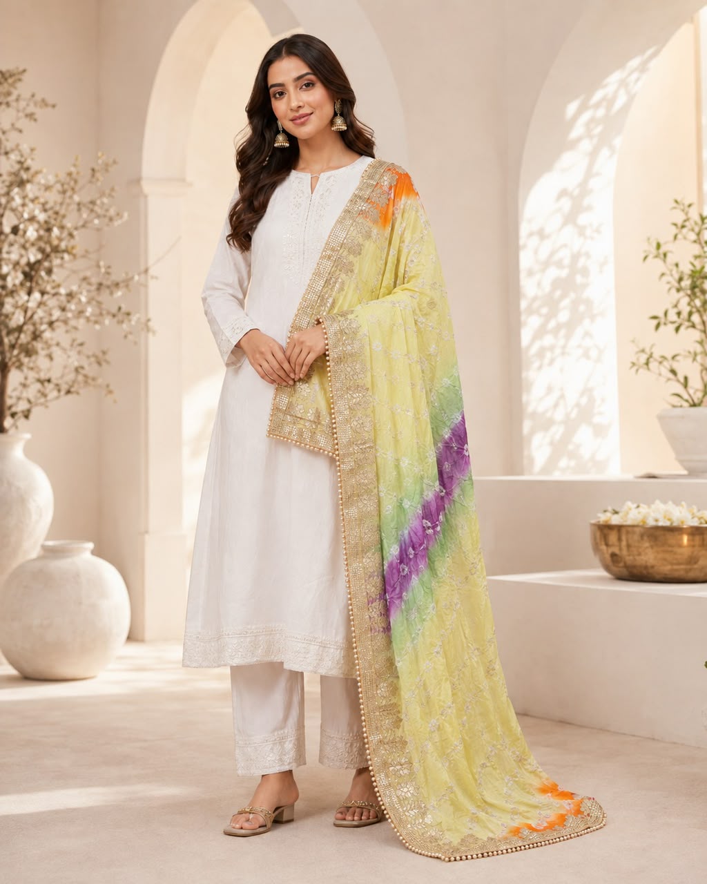 DP-08 Lemon Yellow Multicolour Ombre Embroidered Dupatta