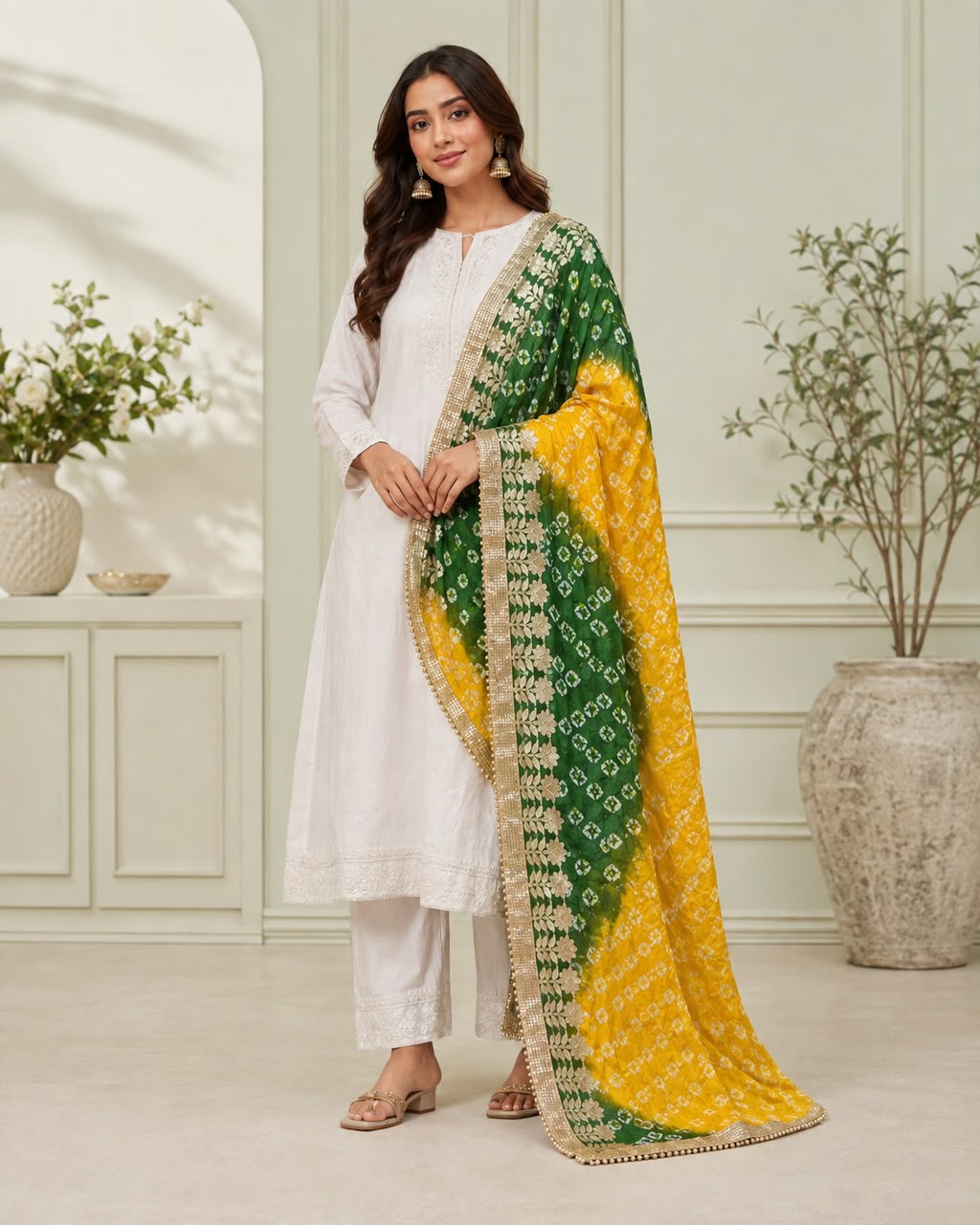 DP-10 Green Mustard Bandhani Gota Patti Dupatta