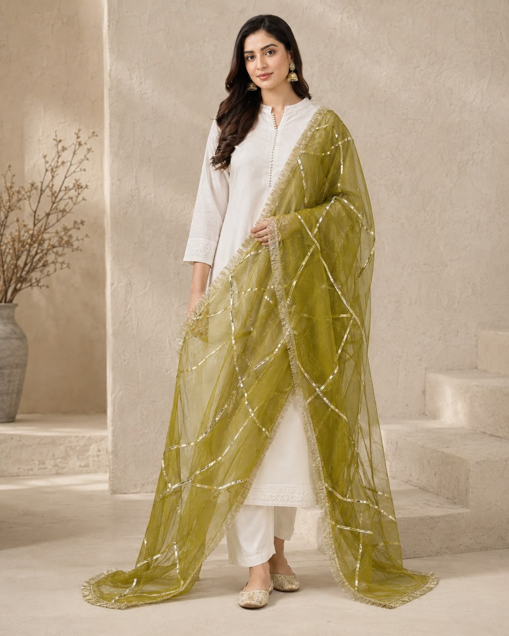 DP-11 Olive Mehndi Gota Jaal Organza Dupatta
