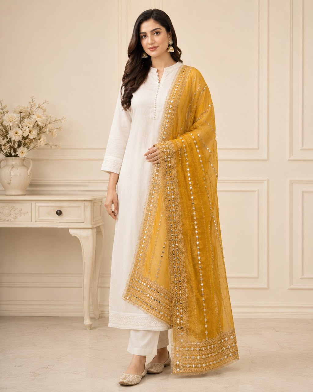 DP-15 Mustard Gold Sequin Embroidered Net Dupatta