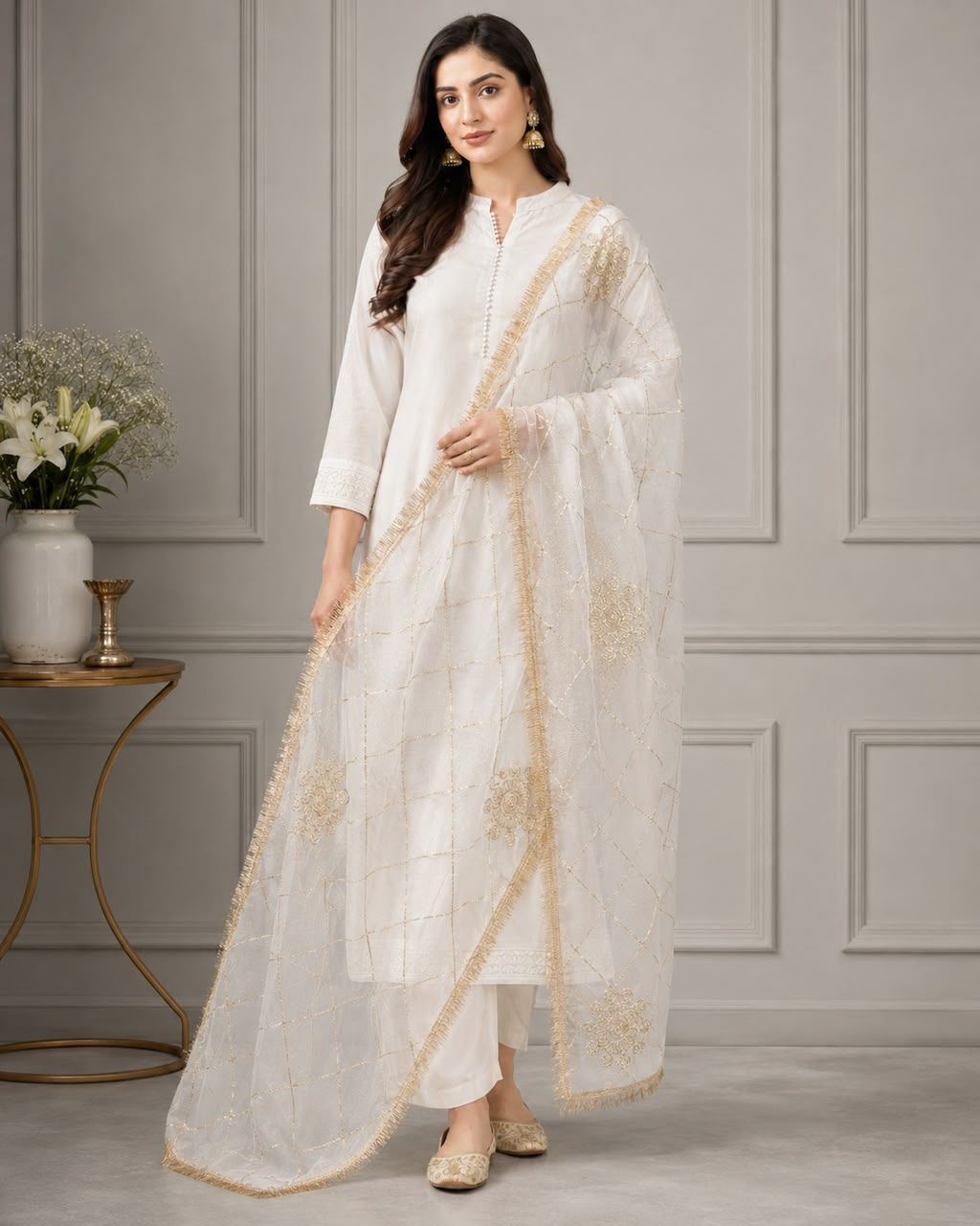 DP-13 Ivory Gold Gota Jaal Organza Dupatta