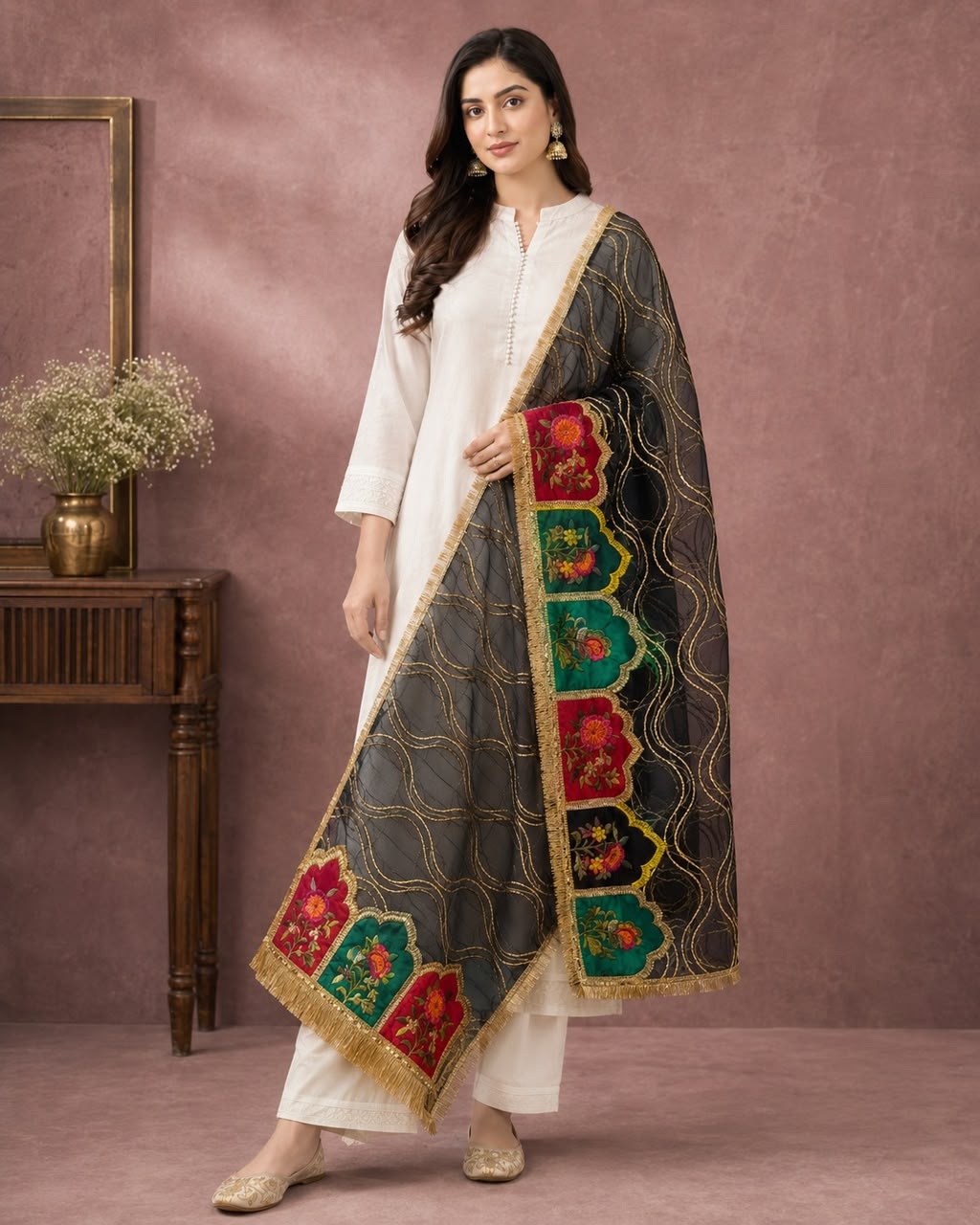 DP-14 Black Multicolour Floral Applique Organza Dupatta