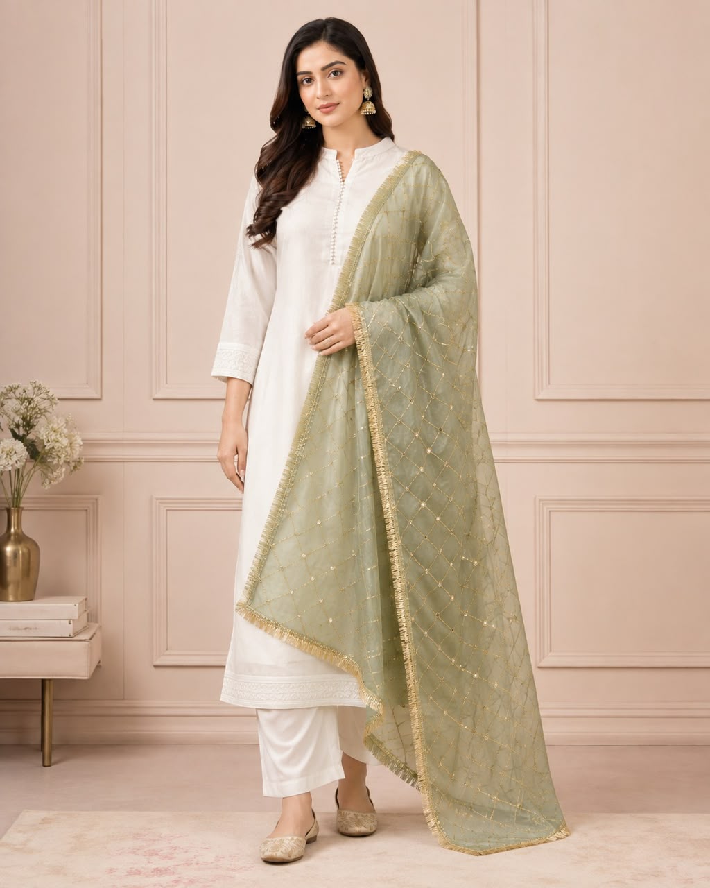 DP-17 Pista Green Gota Jaal Organza Dupatta